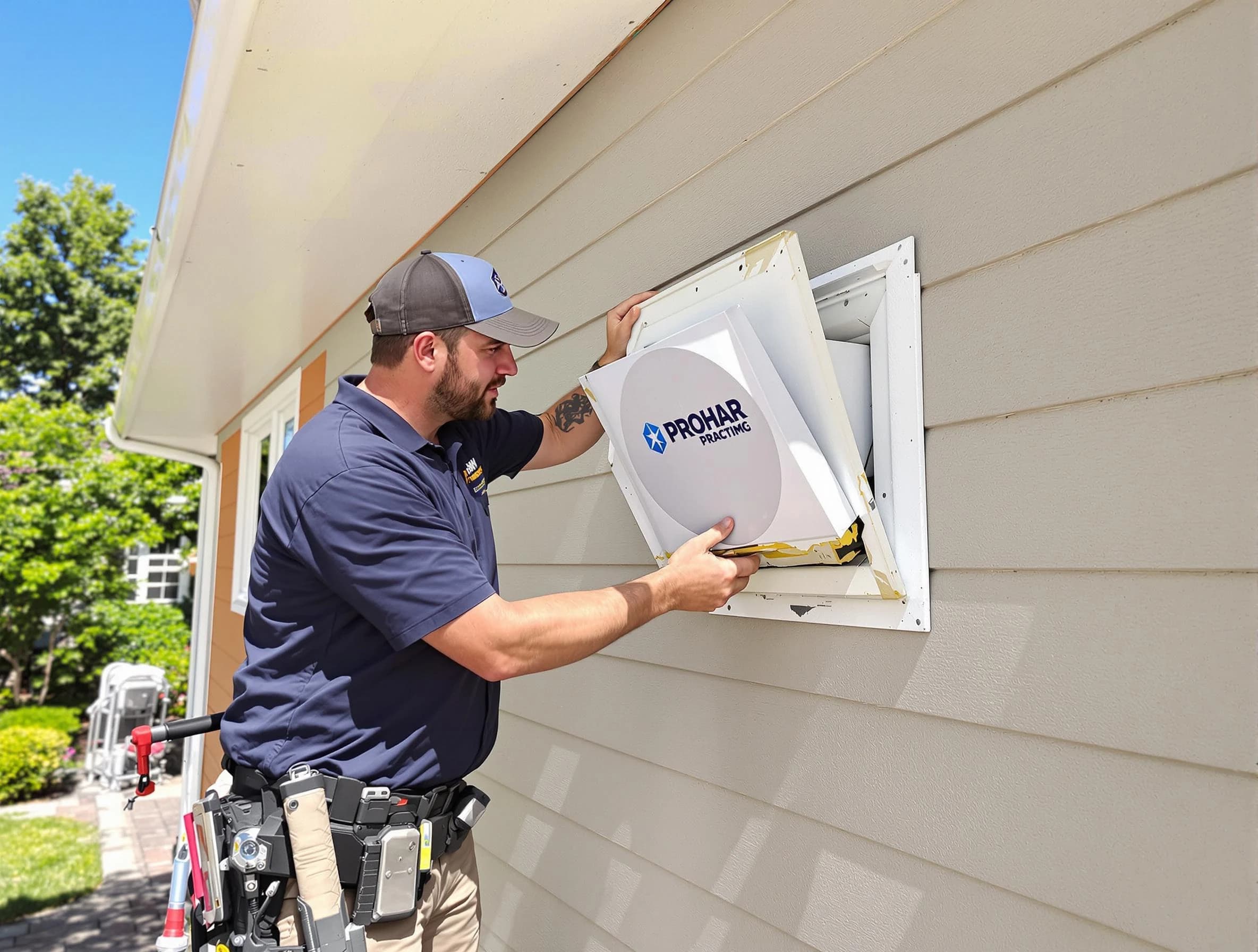 Munhall Dryer Vent Cleaning technician installing a new protective dryer vent cover on a home in Munhall