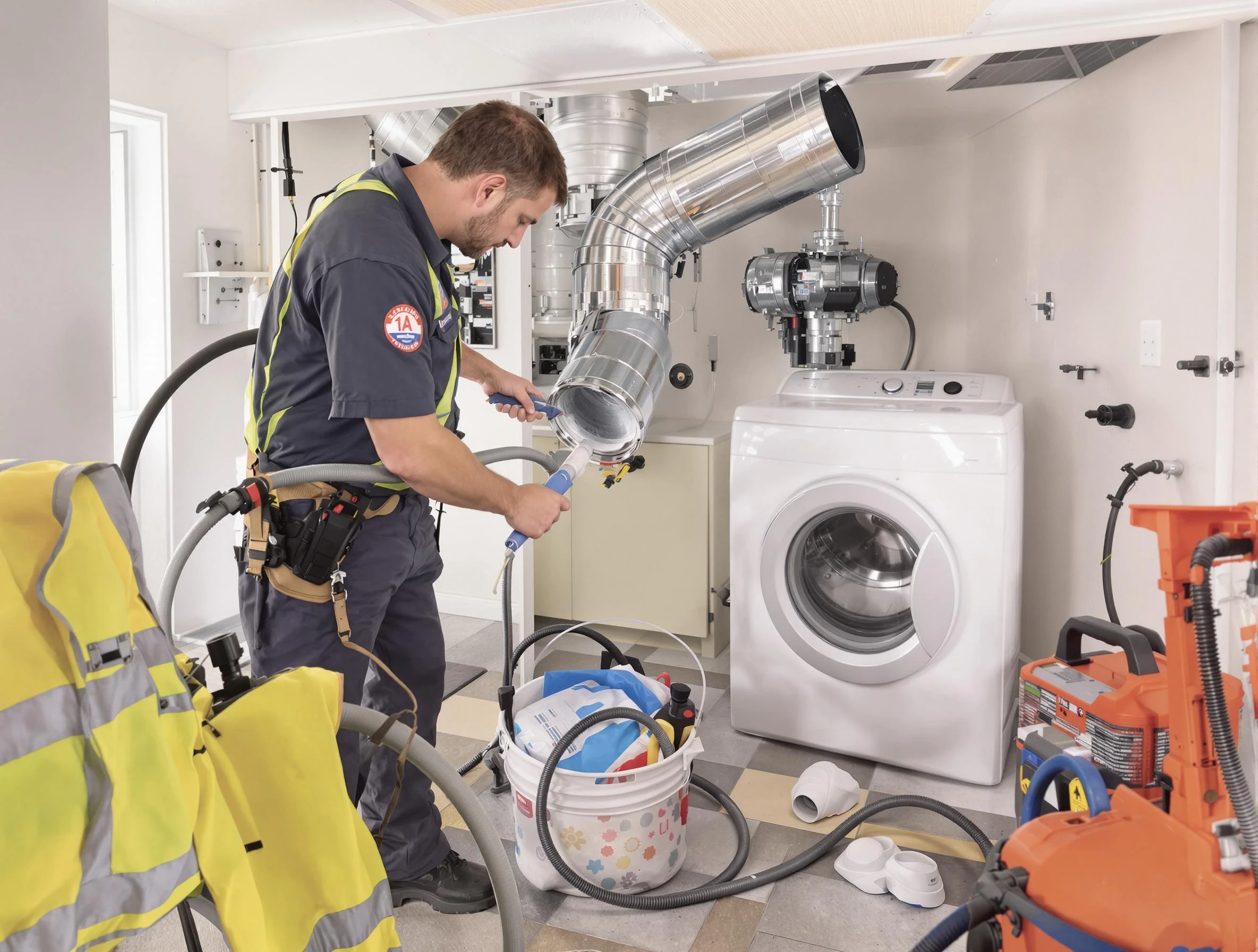 Munhall Dryer Vent Cleaning technician using specialized equipment to clear severe dryer vent blockage in Munhall